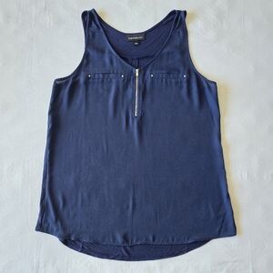 FORTUNE + IVY Lighton Zip Detail Mixed Material Blouse (Navy - Size L)